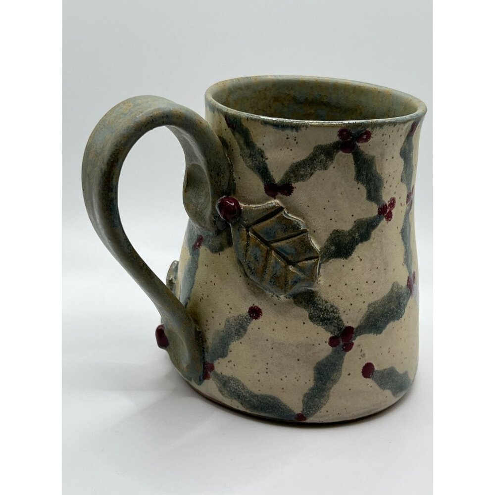 Handcrafted Stoneware Mug Rustic Holly Berry Pattern holds 12 flo oz - Picture 10 of 10